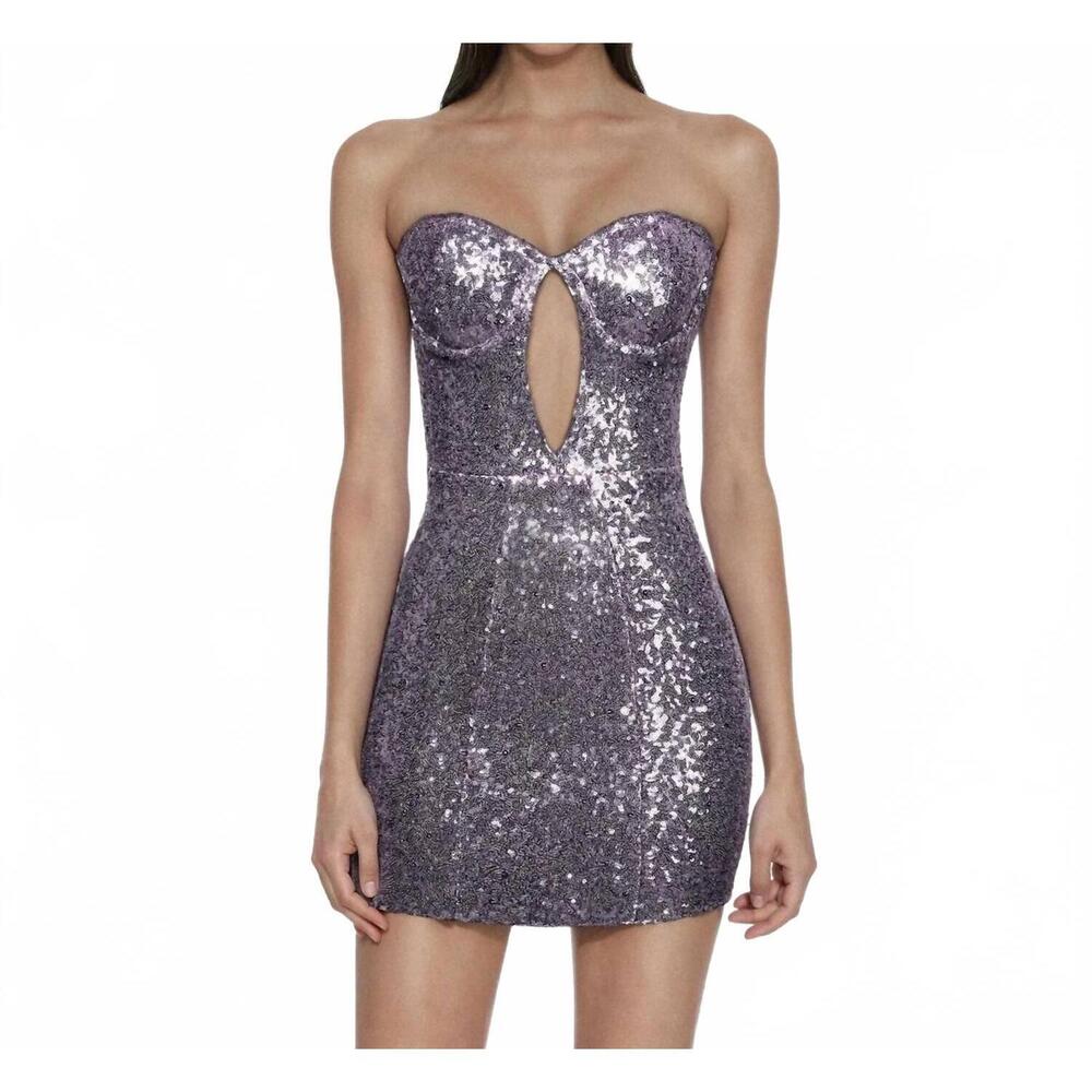 NEW JW PEI brynlee sequinned strapless mini dress in purple / silver